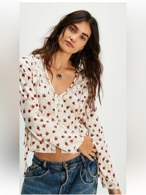 Free People Cream Blouse with Red Rose Print